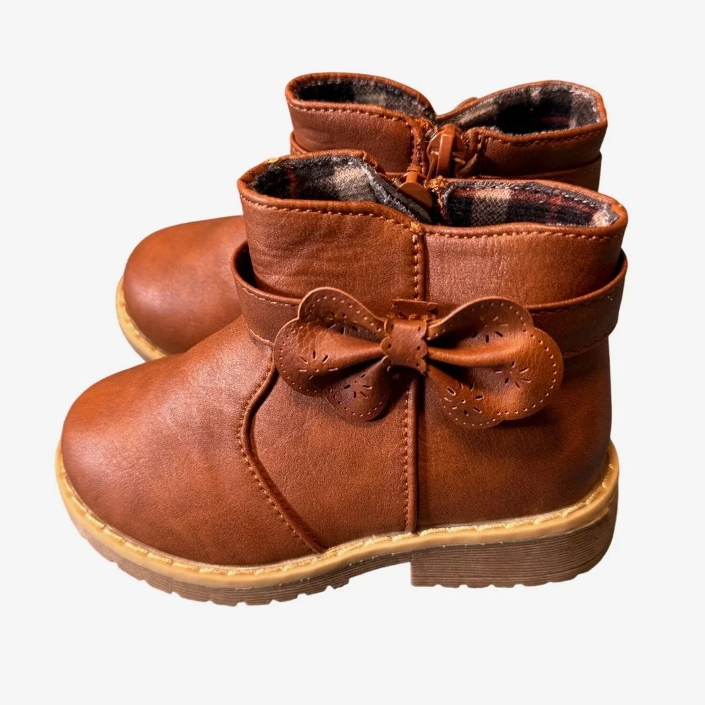 Bellanie Toddler Girls Brown Faux Leather Bow Ankle Boots Size 5 Zippered